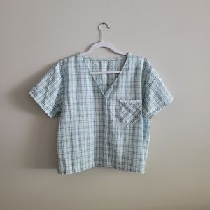 Pastel Blue Plaid Button Up Blouse